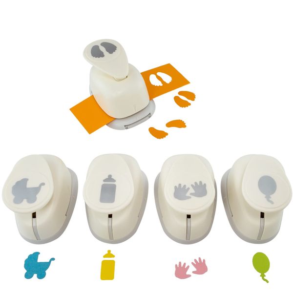 MCE-Commerce A689935 motif punch set, shower, newborn, baby party, 5 designs, 2.54 cm feet, bottle, pram, hands, balloon, plastic, white