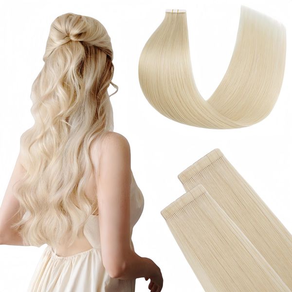 FUOTONBUTY Tape Extensions Echthaar Doppelt Genäht, Platinblond Tape in Extensions Echthaar, 20 Stück 50g Invisible Tape Extensions, Tape on Extension Echthaar 55cm