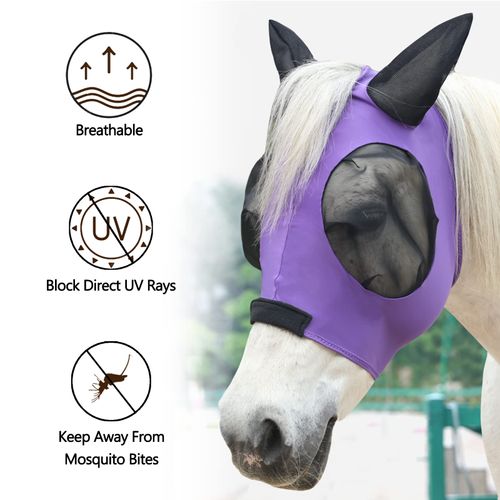 Gallopoff Horse Fly Mask with Ears - Stretchy, No-Rub Comfort Fit, Soft & Breathable Mesh, UV Protection, Lightweight, Full Visibility, Easy Pull-On Violet Pony