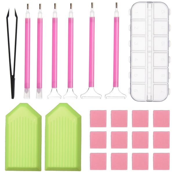 Diamond Painting Tools DIY Diamond Stitch Pen Kit with Tweezers, Glue, Plastic Tray, Diamond Embroidery Box, for Nail Art and Diamond Embroidery, 22 Pieces Tool Set