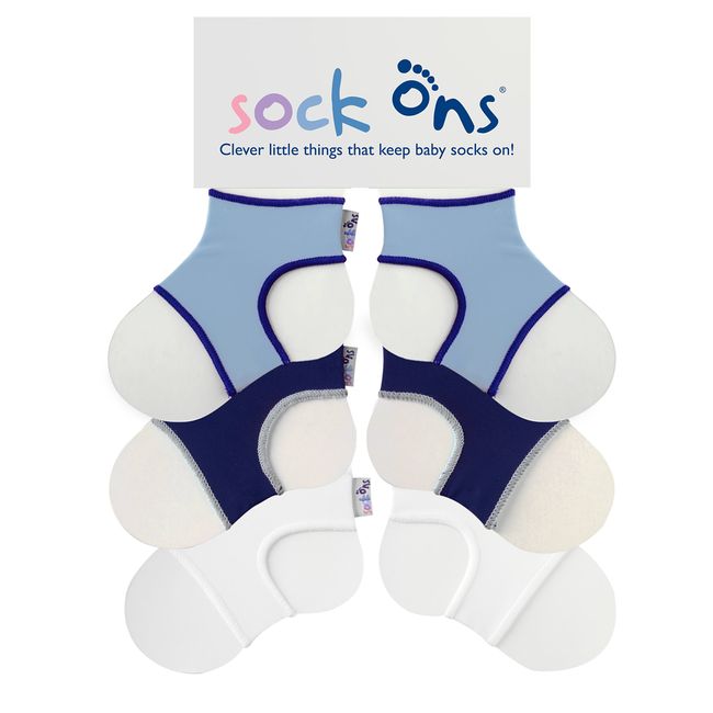 Sock Ons - Baby Sock Holders - 0-6 Months - 3 Pack (1 x Baby Blue, 1 x Navy, 1 x White) - Amazing Value Pack - Keep Baby