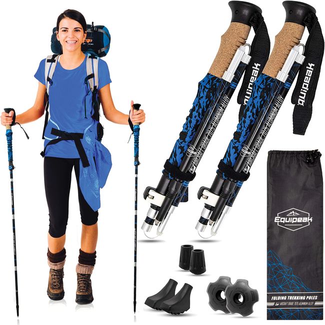 Collapsible Folding Hiking & Trekking Sticks - 2 Aluminum Walking Poles with Real Cork & EVA Handle Grip Set - Ultra Strong Locking - for Men & Women (Blue, L (5'9" - 6'5"))