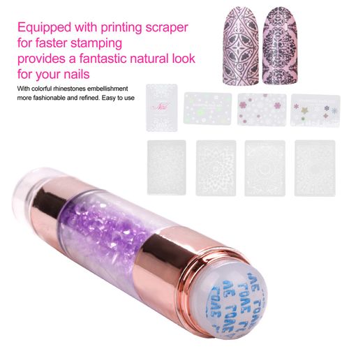 Dioche 4Sets Manicure Art Nail Stamper, Manicure Art Stampers Silicone Stamp Pens Double Ended W/Nail Seal Plate for Home Nail Salon
