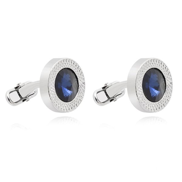 Round Crystal Silver Cufflinks for Men With Men's Cuff Link Set (Blue)