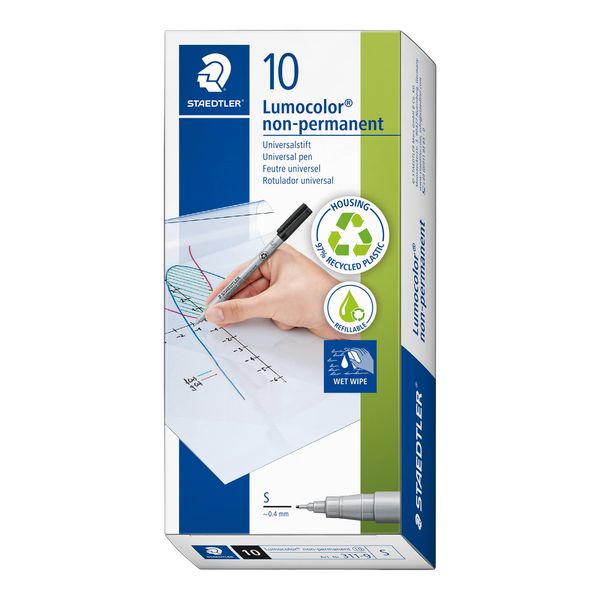 STAEDTLER Lumograph Non-Permanent Wet Erase Marker Pen, Extra Fine Tip, Low Odor Colored Markers, Black, 311-9