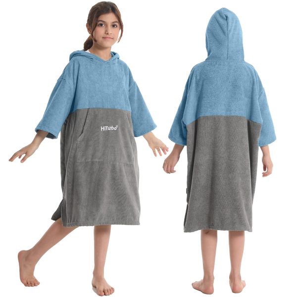 Hiturbo Kids Changing Towel Robe: Absorbent Quick Dry Surf Poncho, 3/4 Sleeve Microfiber Bath Towels for Beach Pool (Blue/Gray)