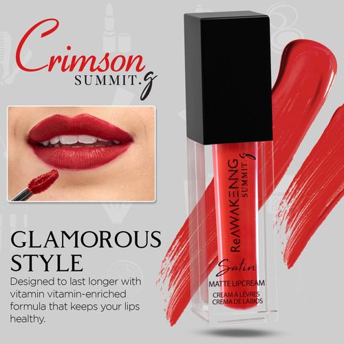 Summit G Satin Glossy Liquid Matte Lipstick, Long Lasting Lip Stain, Vitamin E Enriched, Easy Apply Lip Tint Red, Highly Pigmented Transfer Proof, Satin Finish, Water Resistant Formula (Shade–CRIMSON)