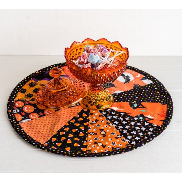 Quilted Halloween Table Topper, Round Handmade Patchwork Centerpiece, Fall Decor
