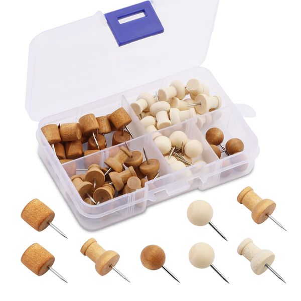 Qzma 60 PCS Wooden Push Pins,Thumb Tacks Push Pins Walnut Push Pins for Cork Boards Map Photos Calendar Home Office Classroom Supplies