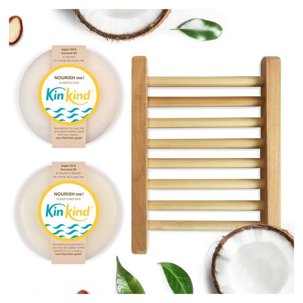 KinKind NOURISH me! Shampoo Bar and Conditioner Bar Starter Set with Shampoo Bar Storage. Coconut & Argan Oil for hydration. For normal, dry & grey hair. Vegan & Cruelty Free. UK made.