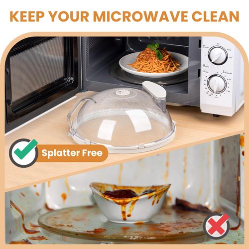Gracenal Microwave Food Cover, 12 Inch Microwave Splatter Cover with Water Steamer and Integrated Handle, White Clear Splatter Guard Microwave Cover for Food, Microwave Lid Gifts for Mom