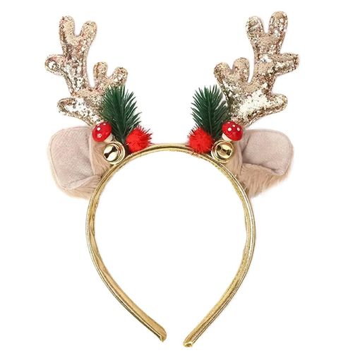 Gold Glitter Deer Antler Headband Christmas Reindeer Antlers Headband Furry Ears HairBand Cute Bell Red Ball Hair Hoop Xmas Elk Headdress Holiday Headpiece for Women Girls 1 Pack, One Size Fits Most