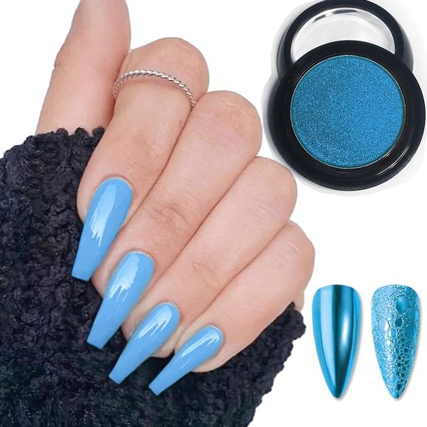 Blue Chrome Nail Powder Mirror Effect Aurora Magic Metallic Glitter for Nails Art Design 3D Holographic Blue Pigment Dust Decorations