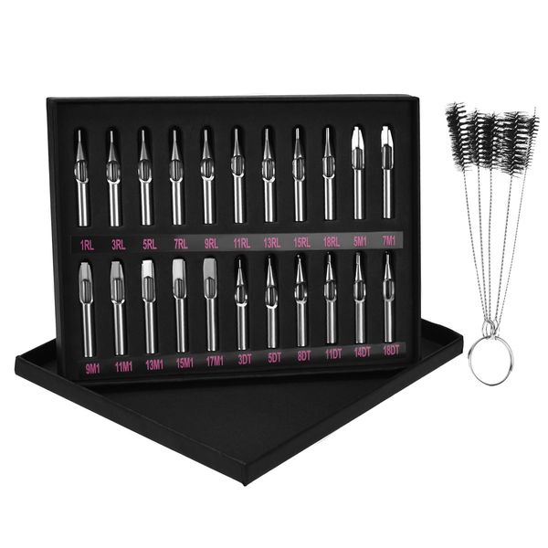 ATOMUS 22Pcs Tattoo Tips Set Stainless Steel Tattoo Nozzle Tips Mixed with 5Pcs Nylon Tube Brush Pipe Cleaning Brushes Tattoo Needles Supplies