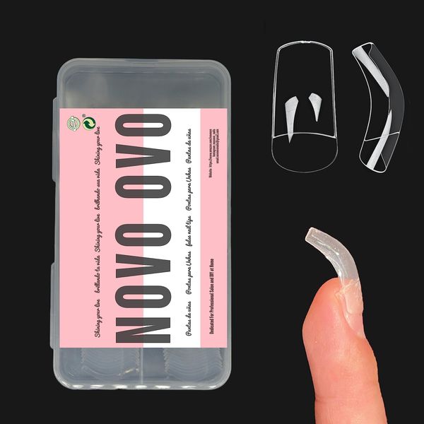 NOVO OVO 120 pcs Hawk Curved Eagle Claw Extra Super Extreme Deep Curve Half Cover Short Square Tapered Transparent Clear Cystal False Nail Extension Tips Acrylic Nail 10 Sizes Bag Packaging
