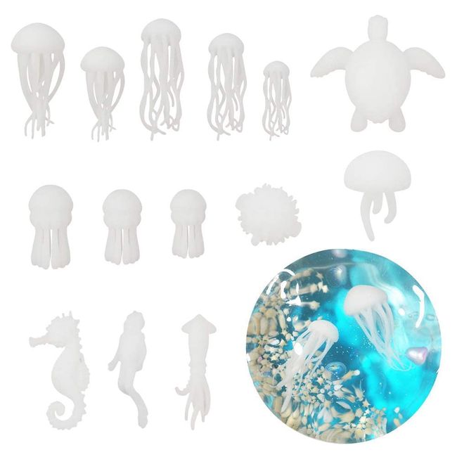 CODOHI Jellyfish, Silicone Mold Material, For Resin Encapsulation, UV Resin Mold, 3D, Marine Life, Sea, DIY, Deco Material, Very Small, Set of 14 (Jellyfish)