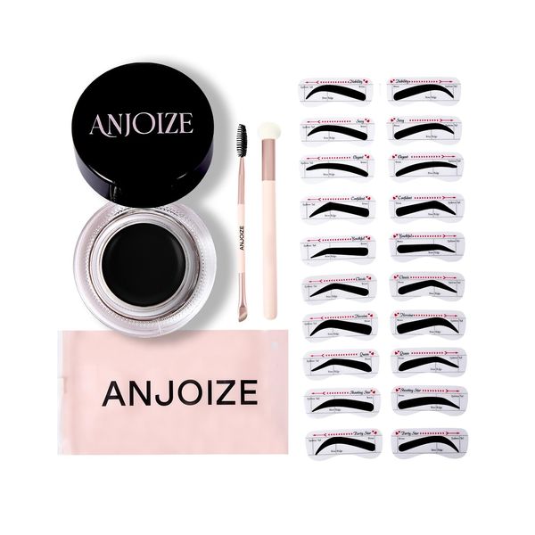 Anjoize Eyebrow Stencils Stamp,20PCS Eye Brow Stencil Kits,Eyebrow Stamp Kit with Eyebrow Pomade and Sponge Applicator,Dual-Ended Eyebrow Brush,Brow Trio Eyebrow Kit (Black)