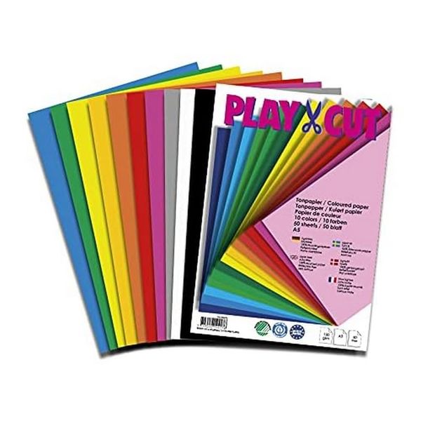 PLAY-CUT Tonpapier A5 in 10 Farben (130g/m2) | 50 Bogen Din A5 Papier zum Basteln Drucken | Dickes Bedruckbares Bastelpapier Set und Druckerpapier | Premium Tonzeichenpapier & Craft Paper