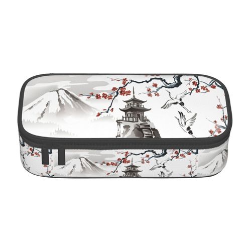Aoojanu Japanese Cherry Blossom And Fujiyama Ink Painting Large Pencil Case, Pencil Pouch With Zipper Compartments Stationery Pencil Bag For Kids Teens Students School Supplies