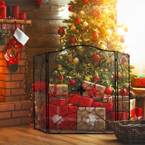 Fireplace Screen 3 Panel Black Fireplace Door 50 * 36 Inch Wrought Iron Fireplac