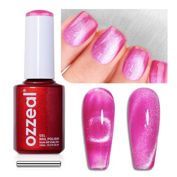 Ozzeal Crystal Cat Eye Gel Nail Polish,15ML Hot Pink Magnetic Gel Nail Polish Spring Summer Glitter Gel Nail Polish Diamond Shimmer Sparkle Gel Polish Soak off UV LED Light for Nail Art DIY