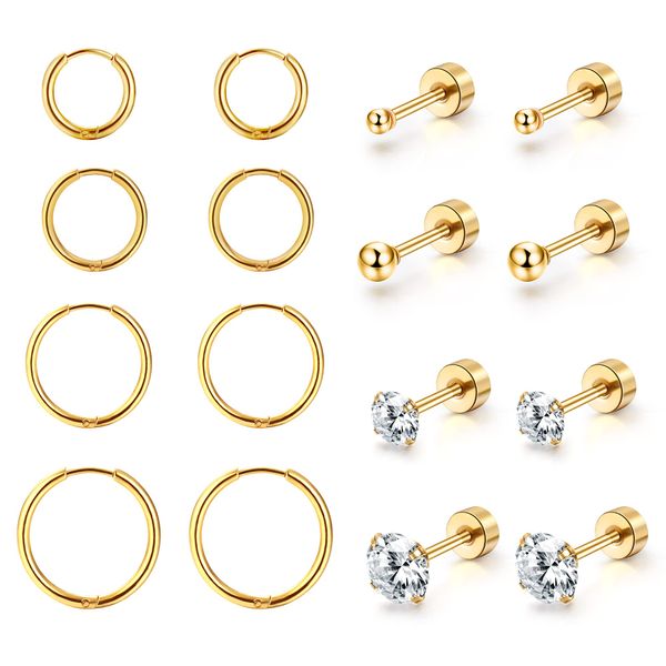 Dochais 8 Pair Gold Silver Hoop Earrings, 14K Gold Plated Cubic Zirconia Round Stud Earrings, Hypoallergenic Cartilage Sleeper Huggie Hoop Earrings, Cz Studs For Men Women (8 pairs, gold)