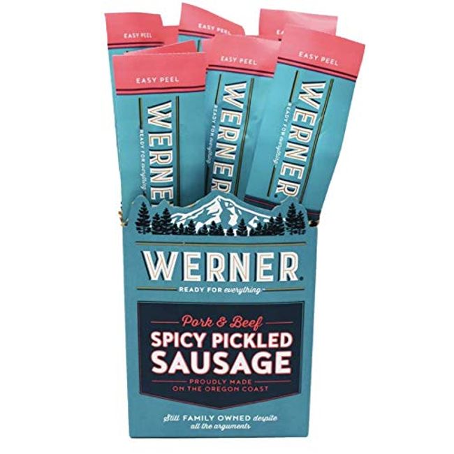 Werner Spicy Pickled Sausage Pack of 12 – Pork & Beef Sausages 1.7 Ounce Individually Wrapped Meat Snacks