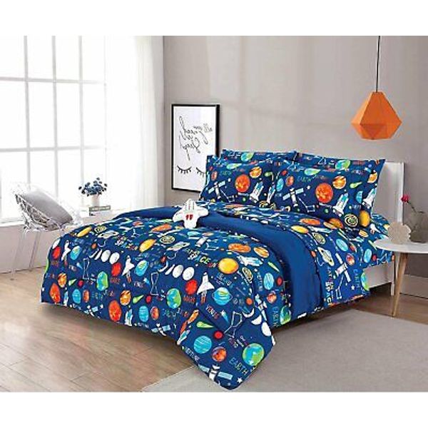 Home 8 Piece Queen Size Kids Boys Comforter Set Bed, Blue Multi Color Space.