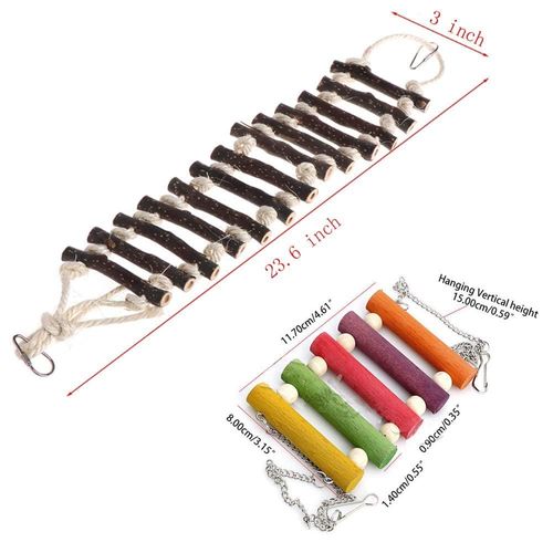 PINVNBY Bird Parakeet Toys, Bird Rope Ladder Swing Hammock Toys, Made of Natural Wood and Rope, Parakeet Cage Accessories for Parrot Budgie Conure Cockatiel (2 PCS)