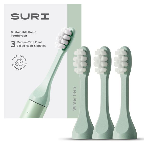 SURI Recyclable Plant-Based, Electric Toothbrush Heads - Built-in Tongue Scraper, Long Lasting Replacement Heads | Compatible Only with SURI Sonic Electric Toothbrush - Winter Fern, Pack of 3