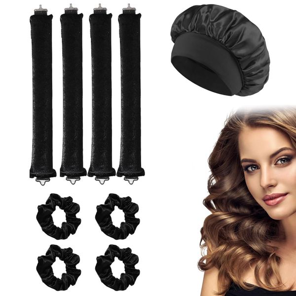 4 Pcs Heatless Curling Rods with 4pcs Headband + 1pcs Shower Cap Heatless Blowout Rods Jumbo Flexi Rods for Long Hair No Heat Curler Roller DlY Curling Rod for all Curls Hair Types