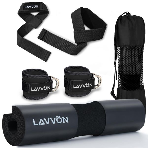 Langhantel Polster Set - Hip Thrust Pad Polster für Langhantelstange - Hantel Nackenpolster, Polsterung für Squats, Booty Training, Gym Fitness - mit Knöchelriemen, Zughilfen für Krafttraining