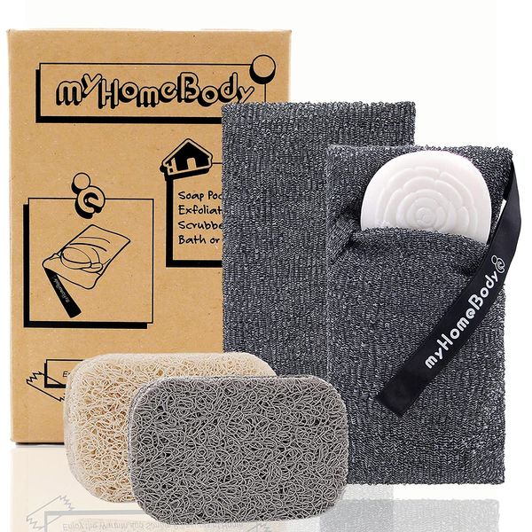 myHomeBody Soap Pocket Exfoliating Soap Saver Pouch | Body Scrubber Sponge, Exfoliator for Bath or Shower | for Large Bar Soap or Leftover Bits | Graphite Gray, 2 Pack + 2 Soap Lifting Pads