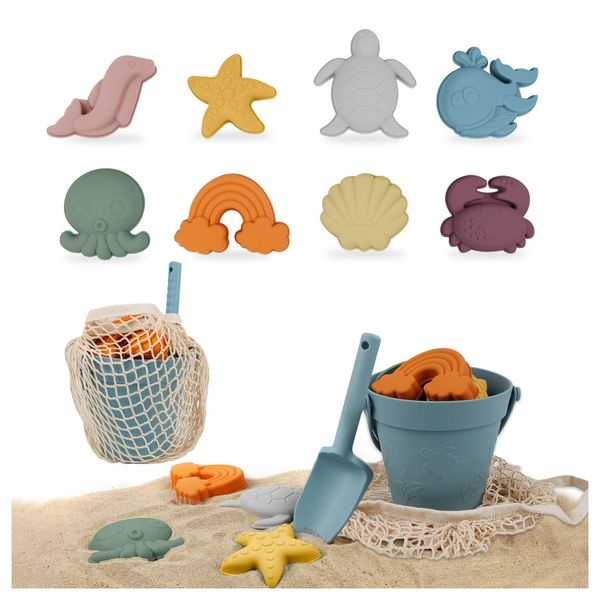 Yutesiri 11Pcs Beach Toys, Silicone Beach Toys, Baby Sand Toys, Sand Toys with Bucket, Shovel, 8 Sand Molds, Mesh Bag, Travel Beach Sand Toys for Kids Ages 3+