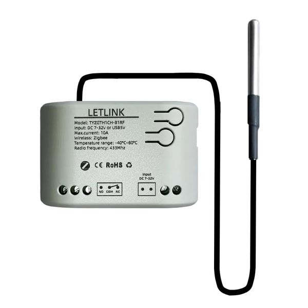 LETLINK Zigbee Temperature Controller, Remote Relay Switch , DC 7-32V or USB 5V Input, Zigbee Extendable Probe Sensor, Tuya App Remote (DC 7-32V)