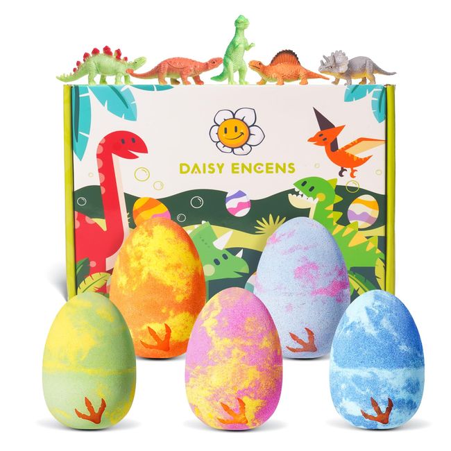 Daisy Encens Dino Egg Kids Bath Bombs with Surprise Toys Inside, Large Bath Bombs for Kids,Handmade Bath Fizzies with Natural Essential Oils, Dinosaur Toys, Cards, Birthday Gift for Kids,5 Pack 4.33oz