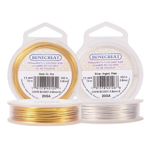 BENECREAT Set of 2 Rolls 0.03 inch (0.8 mm) Accessory Wire, Art Wire, Glossy, Tarnish Resistant, Craft Copper Wire, Jewelry Making, Handmade, Gold & Silver