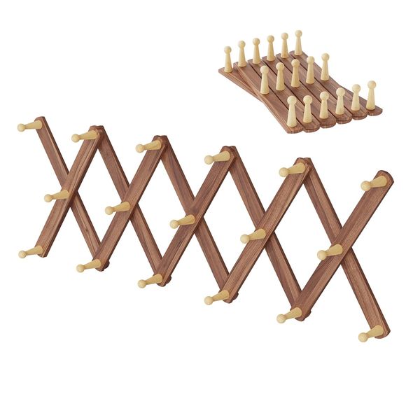 Gumcoly Kleiderhaken, Wandhaken, Holz Garderobenhaken zum einhängen mit 17 Haken, Garderobenleiste Vintage, ausziehbar Hakenleiste 30(100) x 18 x 10 cm Natur Holzkohle