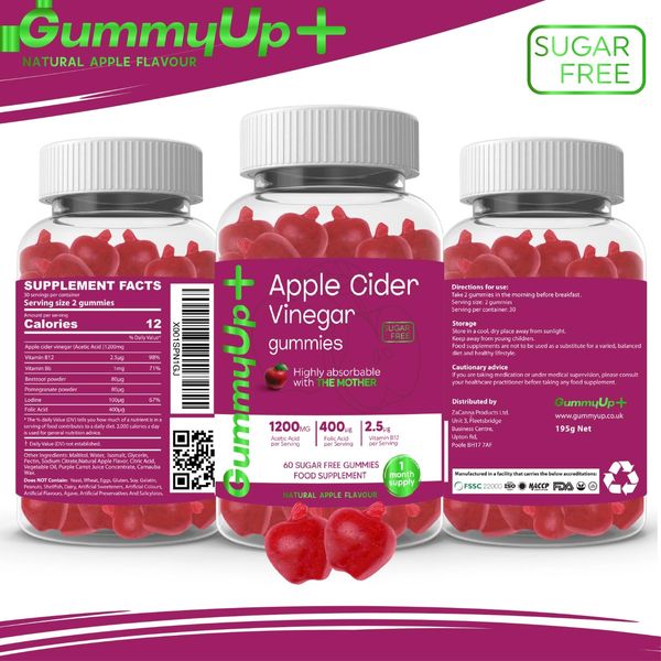 Apple Cider Vinegar Gummies with The Mother, Sugar Free, 1200mg Acetic Acid, 400 μg Folic Acid, 2.5 μg Vitamin B12, 60 Natural Apple Flavoured Gummies