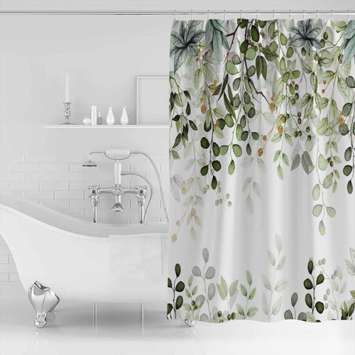 EZON-CH Cloth Shower Curtain Green for Bathroom, Sage Green Eucalyptus Leaf and Branches Abstract Waterproof Shower Curtain, Washable Fabric Durable Bath Curtain for Hotel Farmhouse Decor - 72x72IN