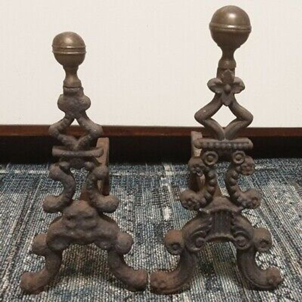 Pair Rare & Ornate Antique Vintage Cast Iron Andirons Asian Tower Pagoda