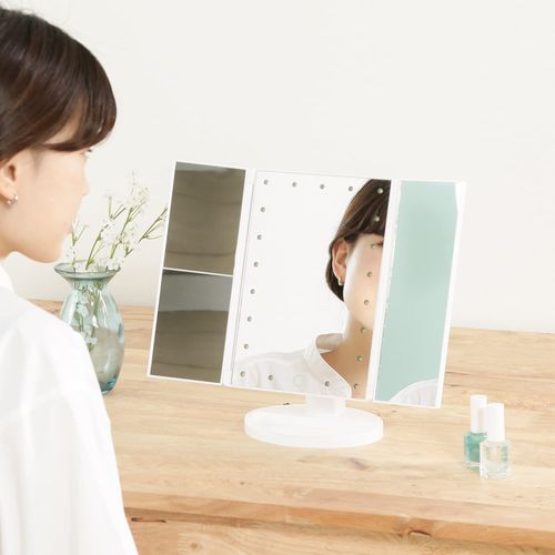 Fuji Boeki 86656 Actress Mirror, Tabletop Mirror, Width 7.1 inches (18 cm), Pearl White, Light, Three-sided Mirror, Magnifier, LED, Brightness, Angle Adjustment