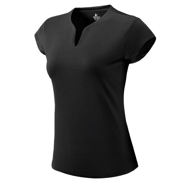 ANIVIVO Tennis Shirts for Women Short Sleeves, Solid Golf T Shirts V-Neck Running Shirts(Black,XL)