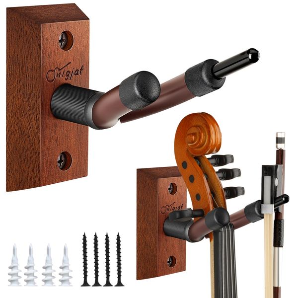 SNIGJAT Violin Wall Mount 2 Pack, Hardwood Violin Hanger Wall Mount with Bow Holder, Violin Wall Hook Vertical Display, Violin Wall Stand Fits 4/4, 3/4, 1/2, 1/4 Violin for Home & Studio