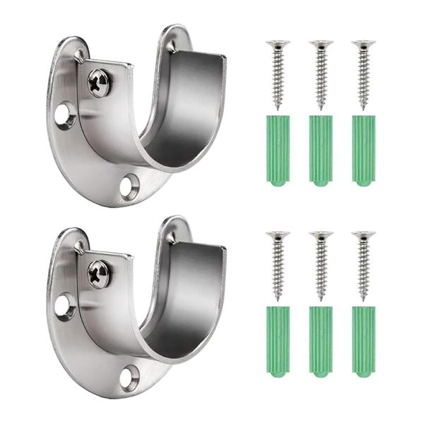 Lahviuu Closet Pole Sockets,2 pcs Stainless Steel Curtain Rail Brackets Curtain Pole Holders Wardrobe Rail and Fittings Wardrobe Pole Brackets,U Flange Rod Bracket for Ceiling Shower Rod 25mm