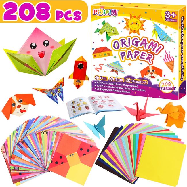 Pigipigi Origami Set for Children, 208 Pieces, Double-Sided, Luxury 54 Pieces, Cute Patterns, Small Origami, Girls, Boys, Education, Elementary School Students, 3 - 12 Years, Popular Toy, Educational,