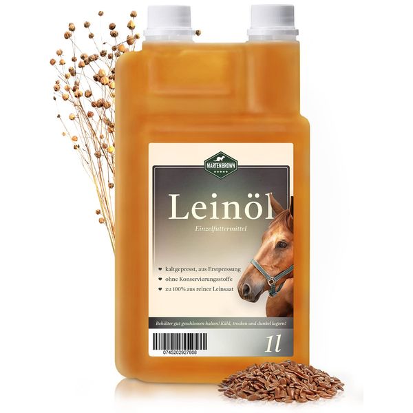 Martenbrown® Linseed Oil 1 Litre Cold Pressed for Horses and Dogs | First Pressing | Dosing Bottle I 100% Pure, No Additives | Dietary Supplement for Dry Food, Canned Food and Barfing