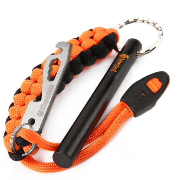 Fire Starter Survival Tool - Flint and Steel Fire Starter with Paracord, Emergency Whistle, Tinder and Waterproof Container to Start Campfires in Wilderness - Essential Hiking Gear