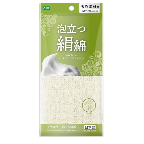 OHE Body Towel, Width 7.9 inches (20 cm) x Length 27.6 inches (70 cm) (Stretched) 39.4 inches (100 cm), Foaming, Silk Cotton Towel, Body Wash Towel, Made in Japan, White