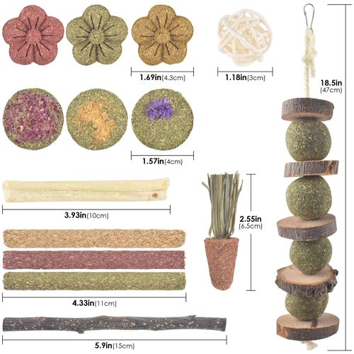 ERKOON 42PCS Bunny Chew Toys, Rabbit Chew Toys for Teeth Grinding, Improve Dental Health, 100% Natural Apple Wood Timothy Grass Cake Treats for Rabbits Guinea Pigs Chinchillas Bunnies Hamsters